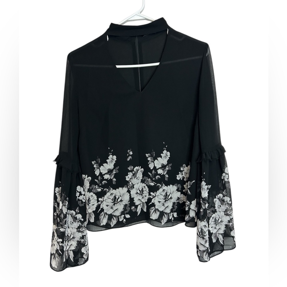 White House Black Market Black Floral Blouse Collar Piece Size 6